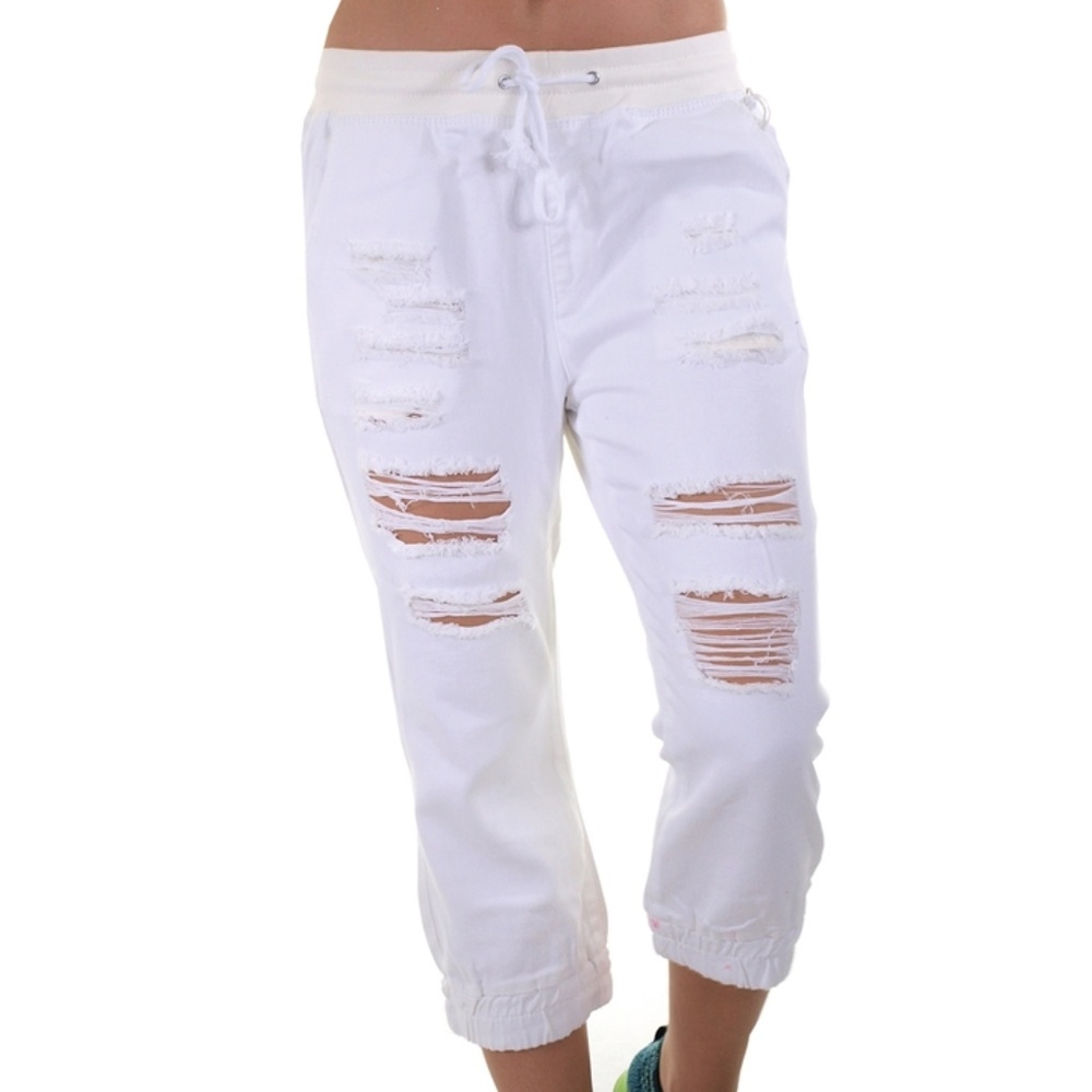 DISTRESSED WHITE DENIM WAIST TIE CAPRI PANTS